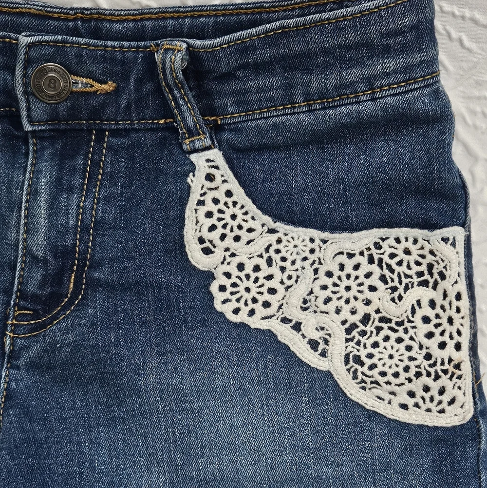 Crazy 8 Girls' Sz 14 Medium Wash Blue Stretchy Denim Crochet Lace Accents - Boho